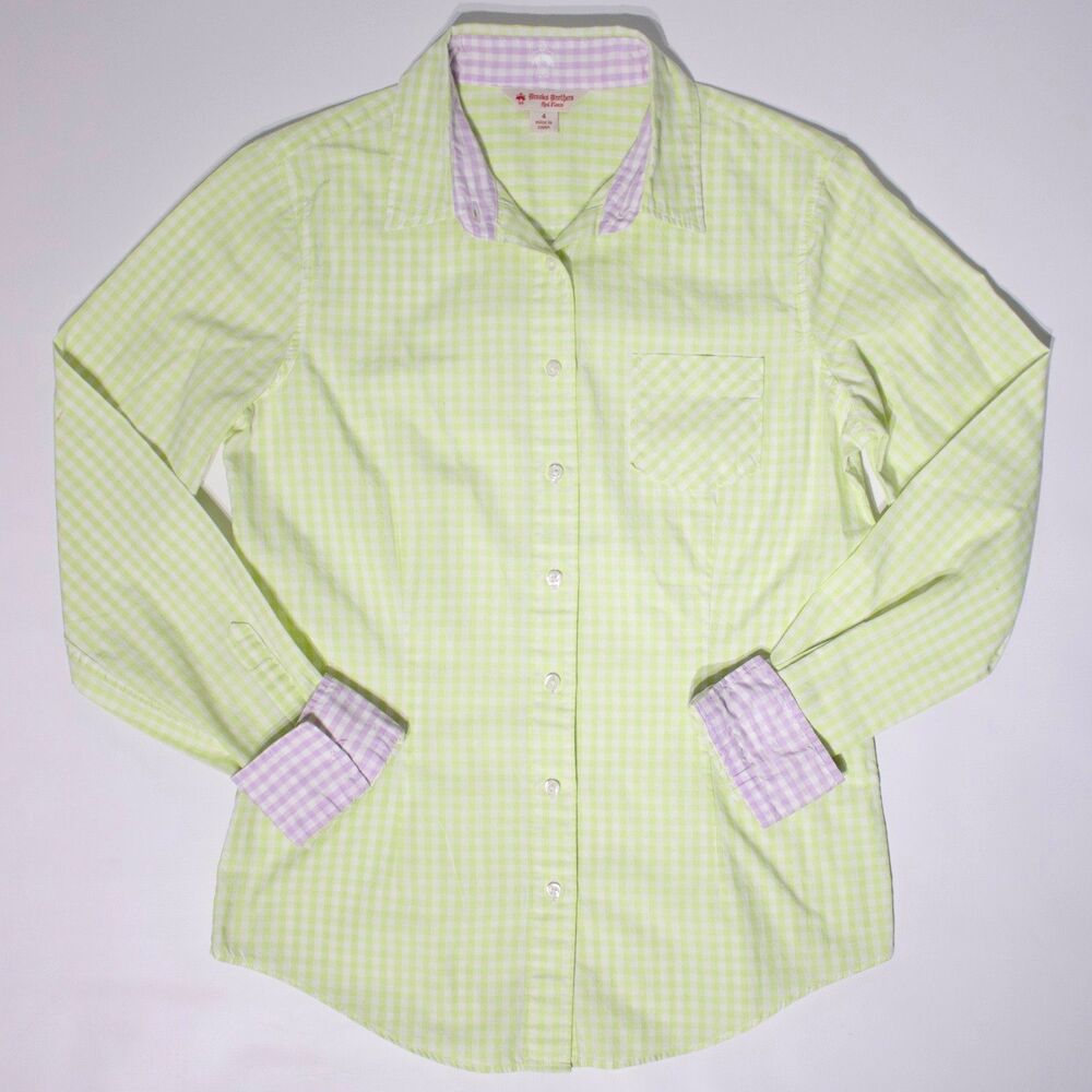 Brooks Brothers Light Green Gingham Button-Down with Lavender Trim
